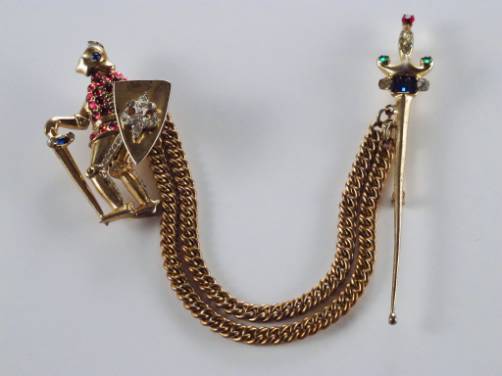 Coro vintage sweater pin of a Knight vermeil gold gilt sterling silver, Adolph Katz, 1950`s American